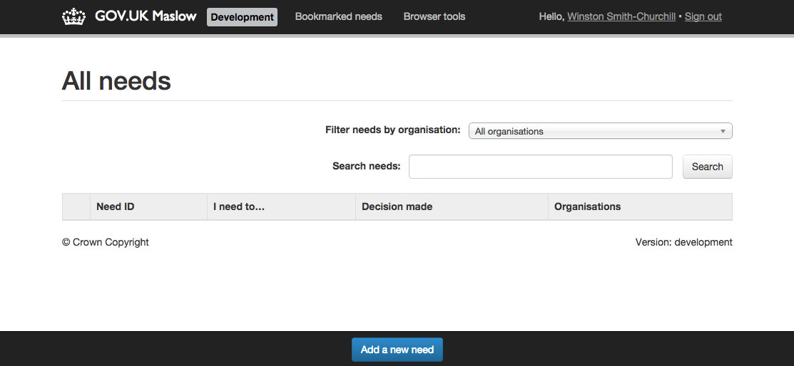 GDS's Maslow application running locally in devleopment mode